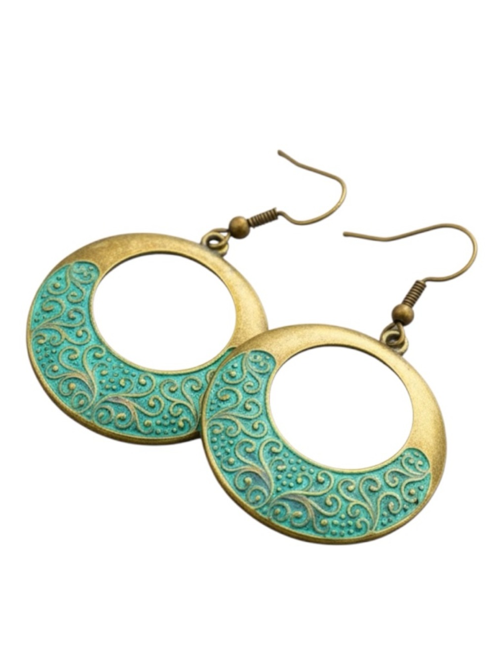 NIB Boho Turquoise & Gold Engraved Hoop Drop Earrings
